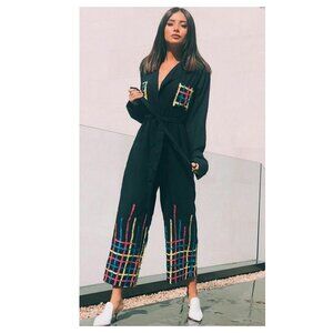 All Things Mochi Navy Embroidered Long Sleeve Jumpsuit